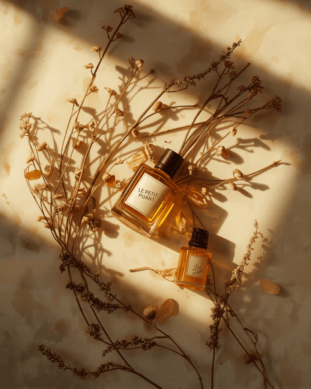Le Petit Puant — frascos de perfume con flores secas